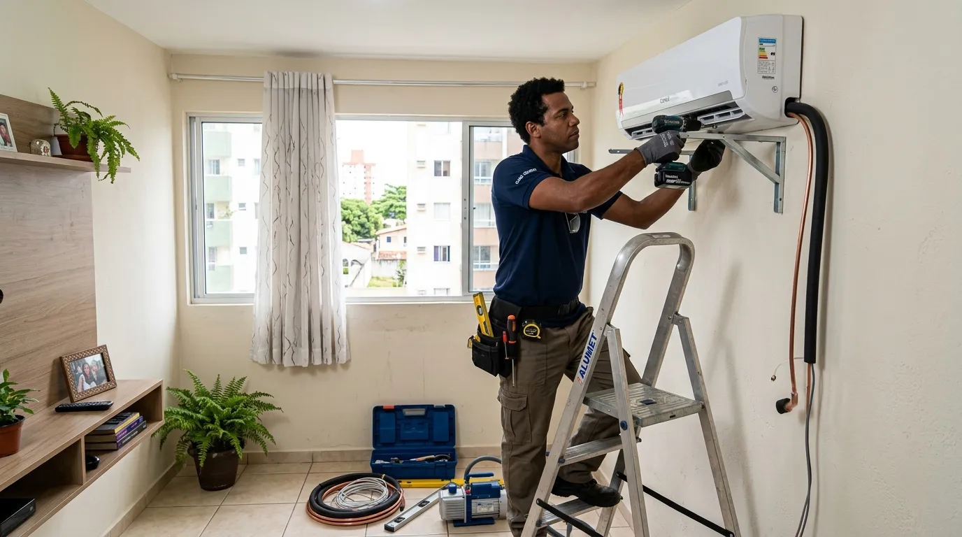 Técnico instalando ar condicionado em residência em Fortaleza no Antônio Diogo