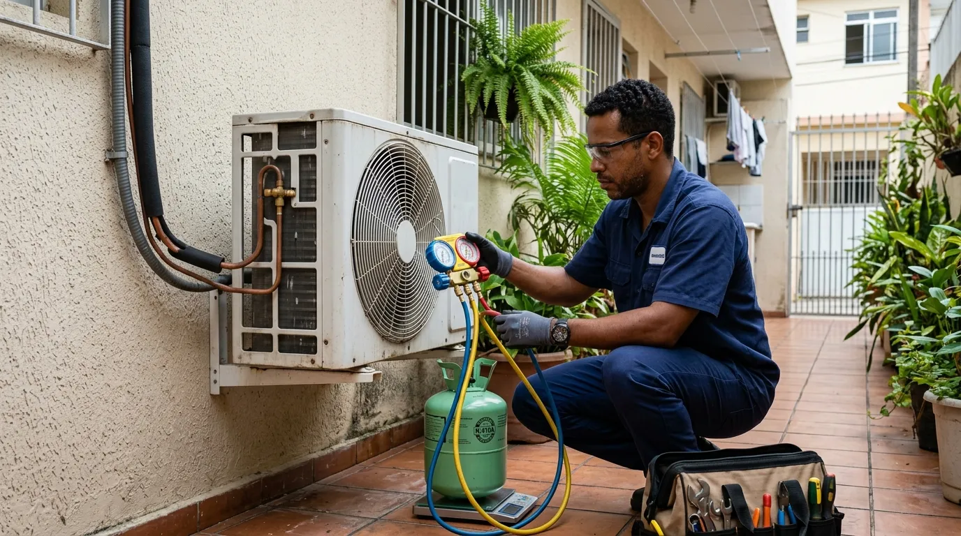 Técnico realizando carga de gás refrigerante em ar condicionado em Fortaleza em no Antônio Diogo, Fortaleza-CE