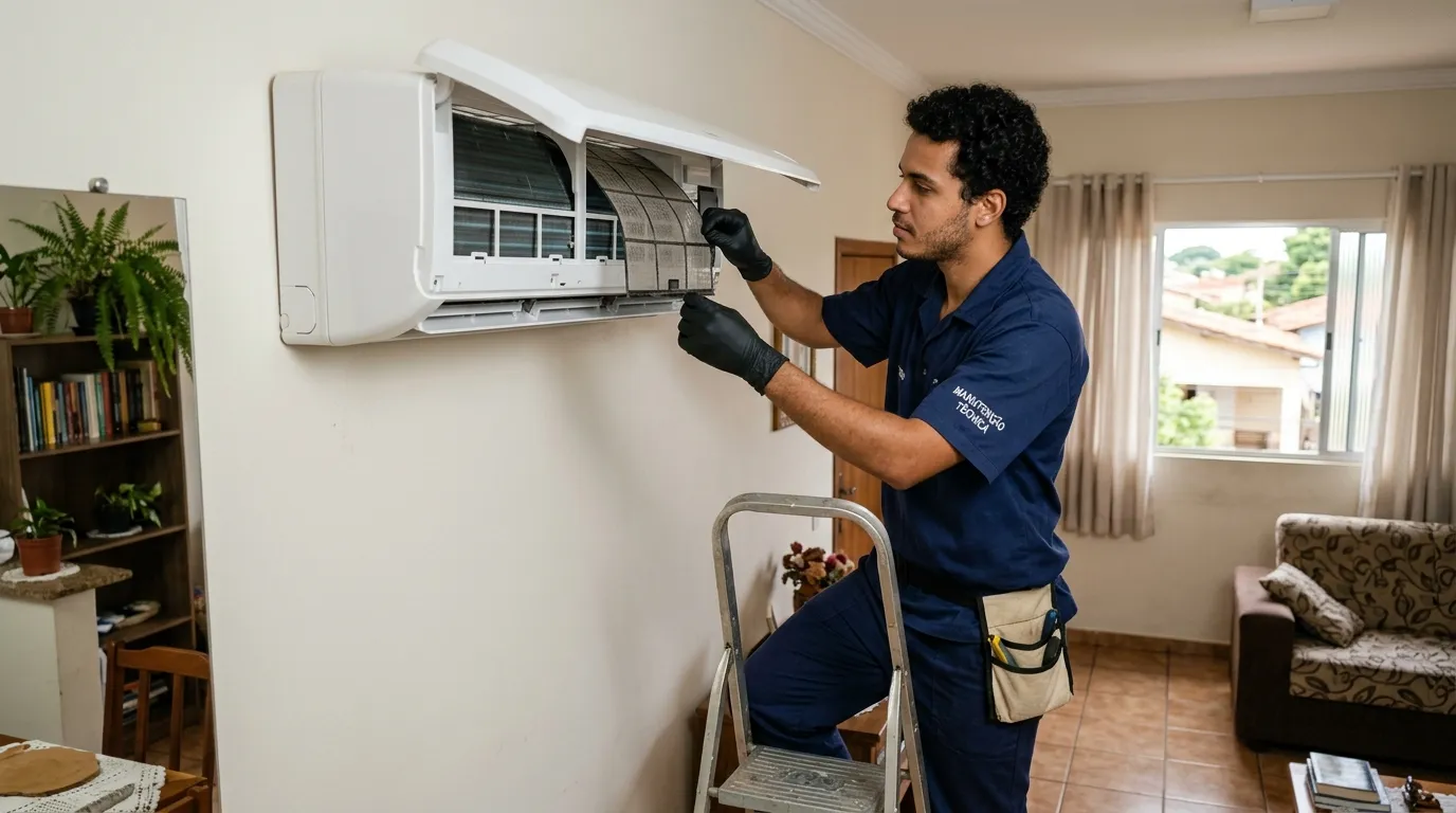 Técnico realizando limpeza de filtros de ar condicionado em Fortaleza em no Antônio Diogo, Fortaleza-CE