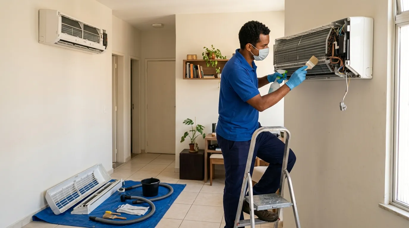 Técnico realizando manutenção preventiva em ar condicionado em Fortaleza em no Antônio Diogo, Fortaleza-CE
