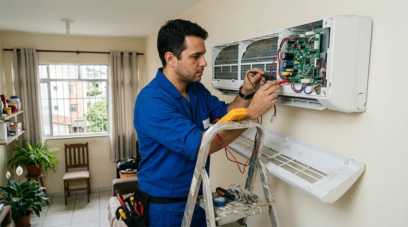 Técnico realizando conserto de ar condicionado em Fortaleza em no Antônio Diogo, Fortaleza-CE